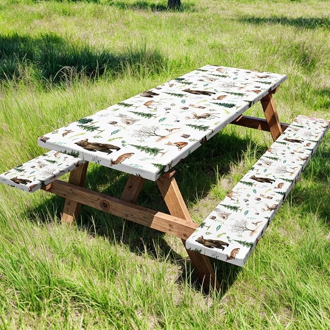 Picnic Table Cover with Bench Covers, Camping Essentials, Funny Rustic Woodland Animals Dear Beer Fox Table Cover Waterproof Fitted Tablecloth Cover with Elastic Edge for Outdoor 3 PCS 30x60 Inch