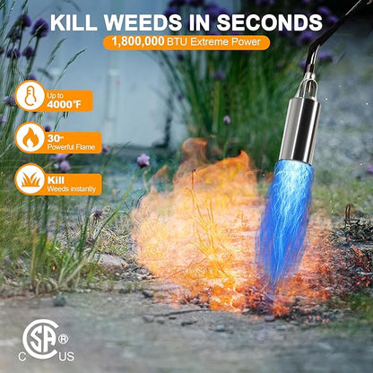 Propane Torch Kit Weed Burner 1,800,000 BTU, Built-in Igniter, 10FT Hose | Heavy Duty Flame Thrower Gun with 30" High Flame, Detachable Long Reach Torch for Weeds, Ice, Snow, Asphalt
