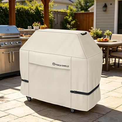 Porch Shield 58W x 24D x 46H inch Premium Gas Grill Cover Up to 56 inch, Waterproof and Fade Resistant 600D BBQ Covers for Weber, Brinkmann, Char-Broil and More, Light Tan