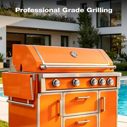 49" Orange Stainless Steel Grill, 4 Burners & Infrared Burner, Natural Gas | 99,000 BTU dual-lined hood easy ignition warming rack versatile cooking space storage drawers gliding wheels