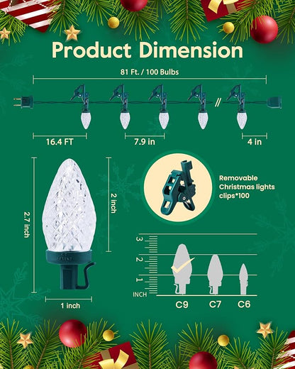 Minetom C9 LED Christmas Lights Outdoor, 81 Feet 100 LED C9 String Lights with 100 Spring Clips, Waterproof Connectable Outside Christmas Decor,White