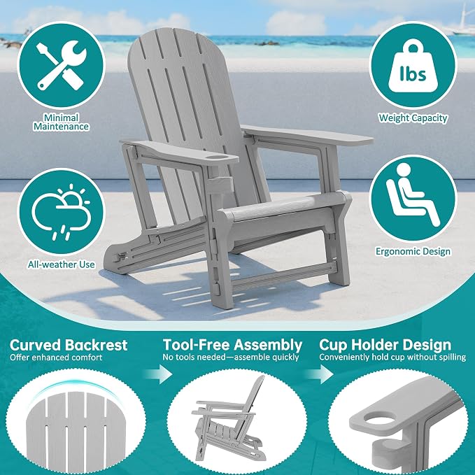 Shintenchi Adirondack Chairs Set of 2,HDPE Adirondack Chairs w/Removable Tablelop & Umbrella Hole,All-Weather Wooden Textured Plastic Outdoor Chairs w/Cup Holders for Garden Backyard Pool,Light Gray