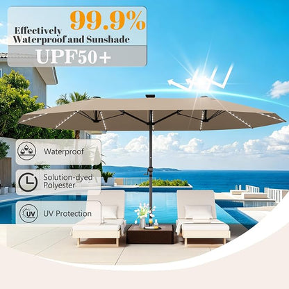 GDPFN 13ft Large Patio Umbrella with Solar Lights, Outdoor Double-Side Rectangular Umbrella, Backyard Pool Umbrella with LED Light for Deck, Outside, Market, Beige (Base Not Include)
