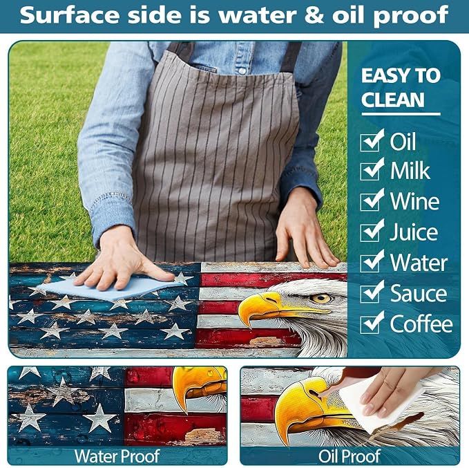Picnic Table Cover with Bench Covers Elastic Edges, Vintage Wood American Flag Eagle Table Cover, Waterproof Windproof Fitted, for Outdoor Patry Picnic Patio Gatherings, Drawstring Bag, 60 Inch 3PCS