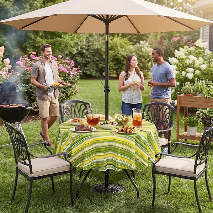 Poise3EHome 60 Inches Round Outdoor Tablecloth with Umbrella Hole and Zipper,Spillproof Patio Table Cloth for Camping Picnic Party Garden Table, Green Striped