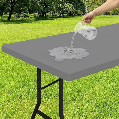 Smiry Rectangle Tablecloth, Elastic Fitted Flannel Backed Vinyl Tablecloths for 8ft Folding Tables, Waterproof Wipeable Table Covers for Indoor, Outdoor, Picnic and Camping (Grey, 36"x96")