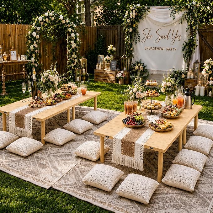 60" x 30" Low Picnic Table with Boho Table Runner Wooden Table with 8 Sturdy Legs Folding Picnic Table for 6 People Backyard Picnic Beach Garden Party Camping