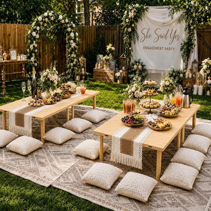60" x 30" Low Picnic Table with Boho Table Runner Wooden Table with 8 Sturdy Legs Folding Picnic Table for 6 People Backyard Picnic Beach Garden Party Camping