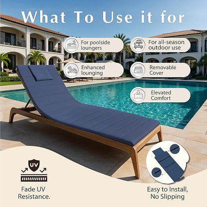 Quilted Chaise Lounge Outdoor Patio Furniture Cushions | Water-Resistant Patio Chair Cushions | Durable, High-Density Foam Outdoor Chair Cushions - Heather Indigo, 74"x23" (Chair Not Included)