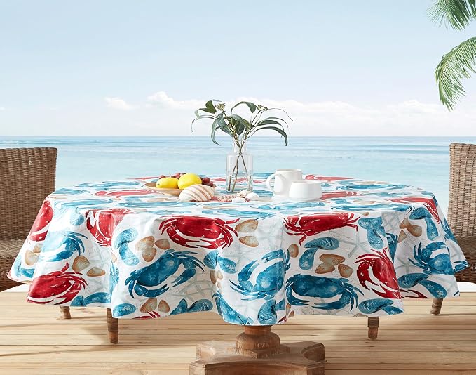 Newbridge Stone Crab Summer Vinyl Flannel Backed Tablecloth, 60 x 84 Inch Oval, Coastal Crab Print, Waterproof Indoor Outdoor Table Cover, Beach House Nautical Seafood Boil Patio Dining