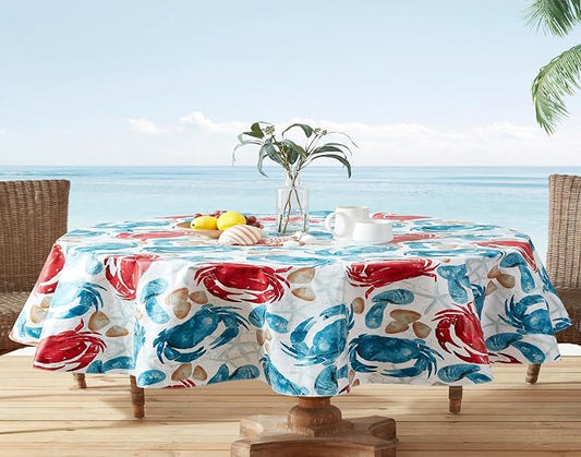 Newbridge Stone Crab Summer Vinyl Flannel Backed Tablecloth, 60 x 84 Inch Oval, Coastal Crab Print, Waterproof Indoor Outdoor Table Cover, Beach House Nautical Seafood Boil Patio Dining