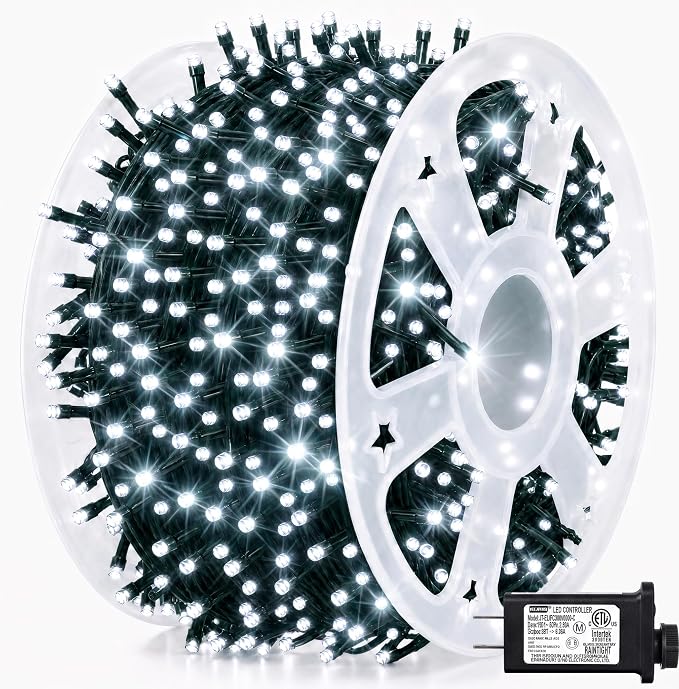 Dazzle Bright 164 FT 500 LED Christmas String Lights, Waterproof Green Wire String Lights with 8 Modes, Outdoor Christmas Decorations for Indoor Garden Party Yard Decor (White)