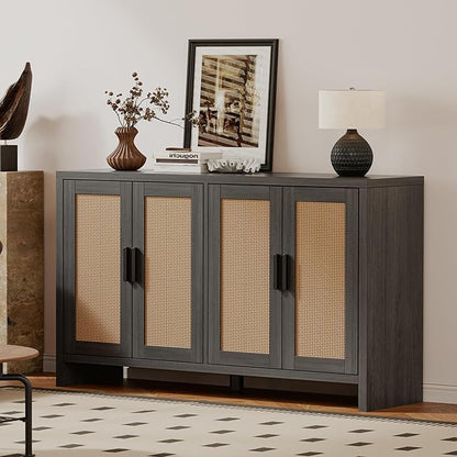 Rattan Buffet Cabinet with Storage, Sideboard with Doors, Console Table, Farmhouse Coffee Bar, Modern Wood Long Cabinets (Brown Black)