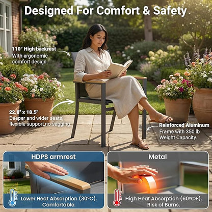 Aluminum Patio Chairs Set of 6 for All-Weather, Outdoor Patio Chairs with Breathable Quick-Drying Textilene, Outdoor Chair with 110° Ergonomic High Backrest for Porch, Patio, Garden, Deck, Backyard