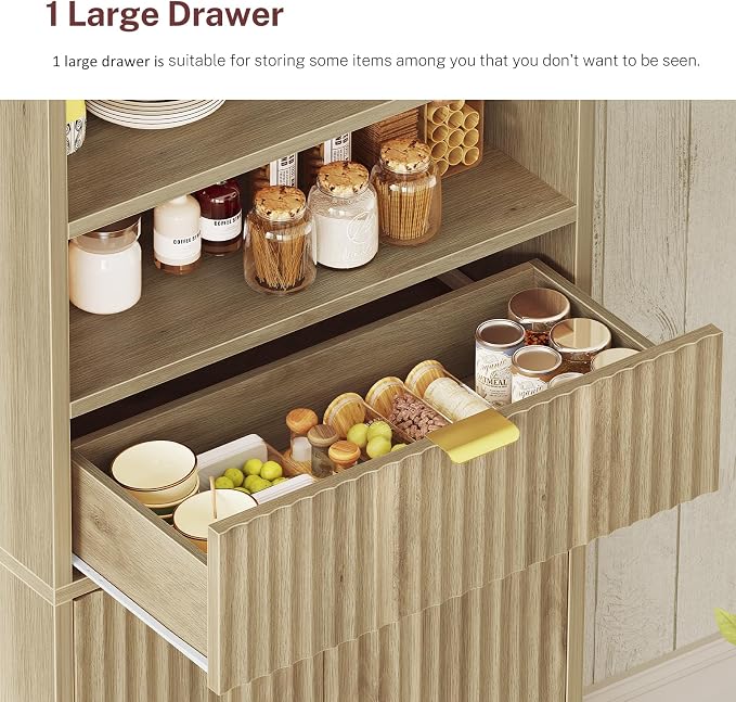 Tall Storage Cabinet with Adjustable Shelf & Drawer, Fluted Cabinet with Doors, Kitchen Pantry Cabinets, Bathroom Storage Cabinets, for Living Room, Entryway, Home Office, Natural