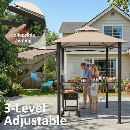CHARMELEON 8x8 FT Grill Gazebo, Grill Canopy with Big Awning&2 Side Shelves&6 Hooks&Bottle Opener, Powder-Coated Steel BBQ Shelter for Patio Backyard Outdoor Grilling-Beige