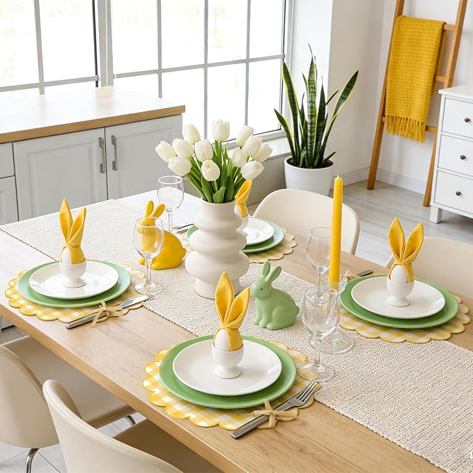100Pcs Checkered Paper Placemats Yellow Gingham Place Mats 13.5 Inch Disposable Round Decorative Dining Table Mat with Scalloped Edge Paper Cutouts Decor for Wedding Baby Shower Table Party Supplies