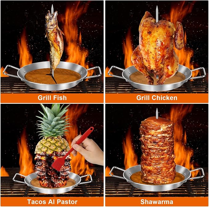 Al Pastor Skewer for Grill, Large 13 Inch Gyro Pan with Fat Separator | Brazilian Spit Stand with 5 Spikes & 2 Brushes, Stainless Steel Vertical Sticks for Shawarma, Chicken on Smoker Oven