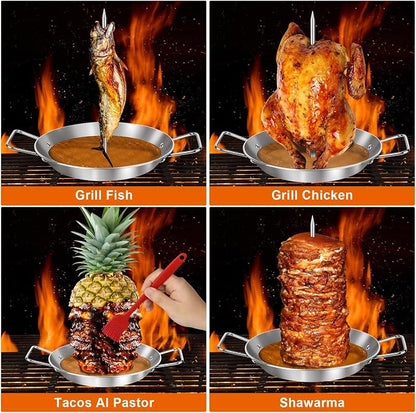 Al Pastor Skewer for Grill, Large 13 Inch Gyro Pan with Fat Separator | Brazilian Spit Stand with 5 Spikes & 2 Brushes, Stainless Steel Vertical Sticks for Shawarma, Chicken on Smoker Oven