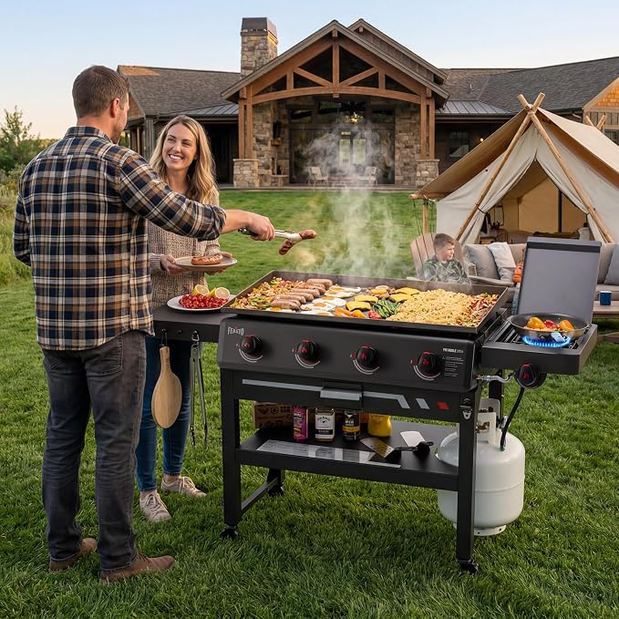Feasto 36" 4-Burner Propane Griddle w/Side Burner, 63,000 BTU, 720 Sq.In. | Outdoor Flat Top Grill w/Grease Cup & Foldable Side Table, for Patio Backyard BBQ, Black