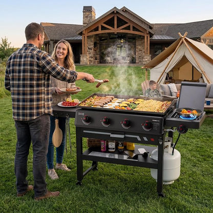 Feasto 36" 4-Burner Propane Griddle w/Side Burner, 63,000 BTU, 720 Sq.In. | Outdoor Flat Top Grill w/Grease Cup & Foldable Side Table, for Patio Backyard BBQ, Black