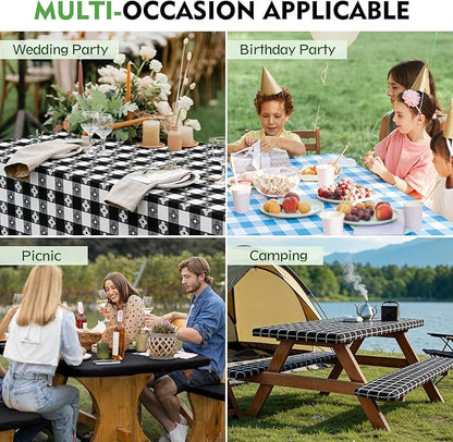 Picnic Table Cover with Bench Covers, Waterproof Tablecloth Set, Black | Fitted 6ft Tables, for Outdoor Camping, RV, Includes 1 Table Cover(30"x72"), 2 Bench Covers(72"x12"), Drawstring Storage Bag