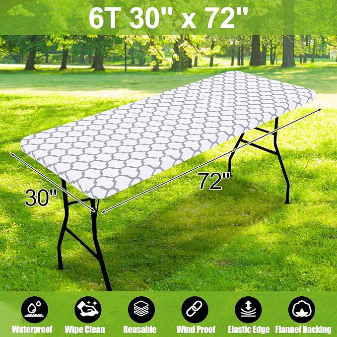 Smiry Picnic Fitted Table Cover, 6 Foot Flannel Backed Vinyl Tablecloth | Waterproof Elastic Stretch Table Cloth, Wipeable Plastic Tablecloth for Camping, Indoor & Outdoor (White, 30" x 72")
