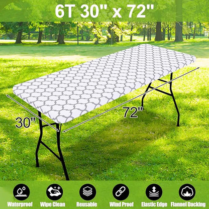 Smiry Picnic Fitted Table Cover, 6 Foot Flannel Backed Vinyl Tablecloth | Waterproof Elastic Stretch Table Cloth, Wipeable Plastic Tablecloth for Camping, Indoor & Outdoor (White, 30" x 72")
