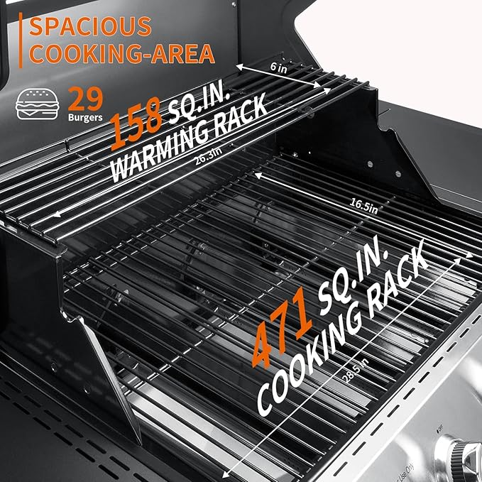 SKOK Led 4-Burner Gas BBQ Grill with Side Burner Led Knob, Barbecue Grill with Porcelain-Enameled Cast Iron Grates, 60,000 BTU Stainless Steel Propane Grill 629 Sq. In. Grilling Area
