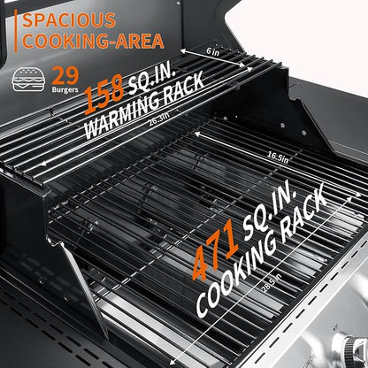 SKOK Led 4-Burner Gas BBQ Grill with Side Burner Led Knob, Barbecue Grill with Porcelain-Enameled Cast Iron Grates, 60,000 BTU Stainless Steel Propane Grill 629 Sq. In. Grilling Area