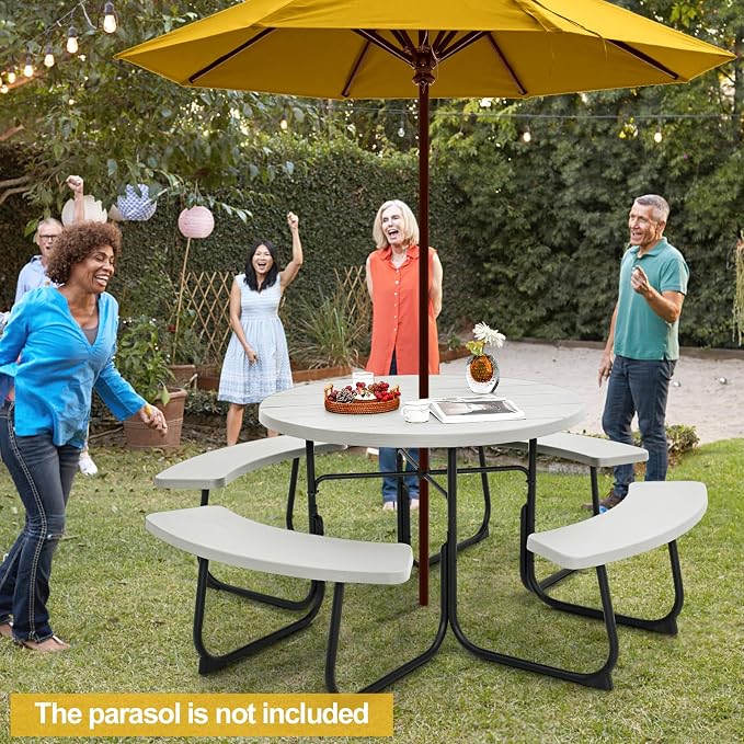 Tangkula 8 Person Picnic Table, Outdoor Round Picnic Table with 4 Built-in Benches, Umbrella Hole, Metal Frame & HDPE Tabletop, Outside Table and Bench Set for Backyard, 2300lbs Weight Capacity
