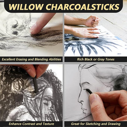 100 Pieces Willow Charcoal Sticks, Willow Charcoal, Soft Black Drawing Charcoal for Sketching and Drawing Art Sketch Artists Supplies, 5.3 Inch in Length (2-4, 4-5, 5-7,7-9 mm)