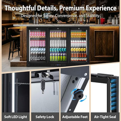 ORYMUSE 53" Commercial Back Bar Cooler with 3 Glass Doors, 11.2 Cu.Ft Under Counter Beverage Refrigerator, Built-in or Freestanding Bar Fridge with Safety Lock & LED Light for Restaurant, Club, Hotel