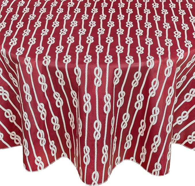 Newbridge Oval Vinyl Tablecloth with Flannel Backing, Red Nautical Rope Stripe, 60 x 84 Inch, Coastal Striped Indoor Outdoor Wipe Clean Picnic, BBQ and Dining Table Cover