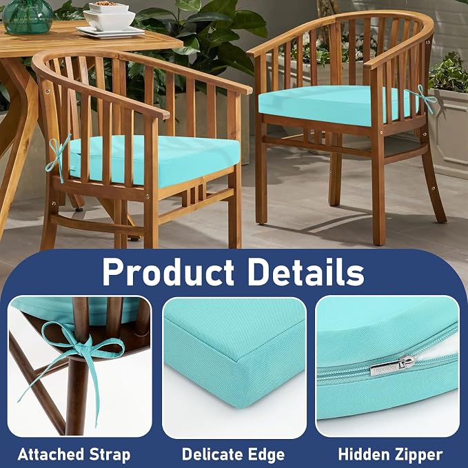 Topotdor Outdoor Chair Cushions Set of 4, 17"x16"x2" Waterproof Patio Chair Cushions for Outdoor Furniture, Round Corner Outdoor Seat Cushions Color Fastness Chair Pads with Ties, Teal