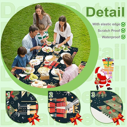 Christmas Picnic Table Cover with Bench Cover, Outdoor Picnic Table Elastic Tablecloth, Walnut Clip and Gift Box Design, Durable Tablecloth for Camping, Barbecue and Coliday Parties.