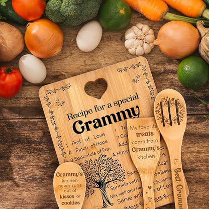 Grammy Gifts - "Recipe for a Special Grammy" Gifts for Grammy Cutting Board Set, Bamboo-Made Engraved Utensil Set Grammy Cutting Board, Mothers Day Gifts for Grammy.