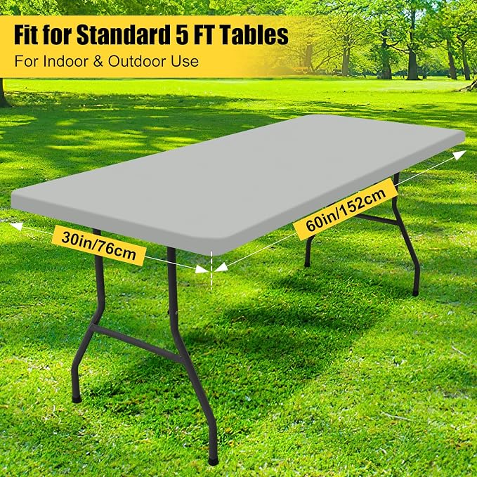Smiry Rectangle Picnic Table Cloth, Waterproof Elastic Fitted Tablecloths for 5 Foot Tables, Washable Polyester Table Cover for Camping, Outdoor and Indoor (Light Grey, 30"x60")