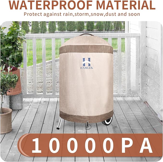 HAMLER Round Barbecue Cover, 39 Inch Small Smoker Cover, Heavy Duty Waterproof Outdoor Grill Cover Fits Weber, Charcoal Kettle, Masterbuilt, Dyna-Glo, Brown & Beige