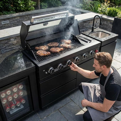85 Inch Outdoor Kitchen Island, 4-Burner 72000 BTU Propane Gas Outdoor Kitchen Bar Barbecue Island Grill with Side/Rear Burners, With Refrigerator and Sink, Rotisserie, Granite Countertops, Storage