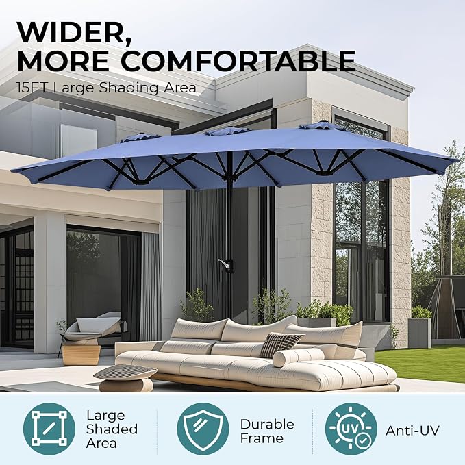 15ft Patio Umbrella with Base, 10-Year-No-Fade Large Outdoor Double-Sided Market Umbrella with UPF50+Terylene Polyester Fabric and Crank for Poolside Garden Deck Backyard Beach Pools