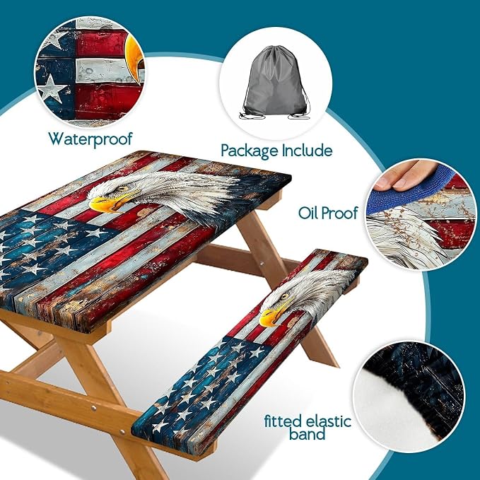 Picnic Table Cover with Bench Covers Elastic Edges, Vintage Wood American Flag Eagle Table Cover, Waterproof Windproof Fitted, for Outdoor Patry Picnic Patio Gatherings, Drawstring Bag, 96 Inch 3PCS