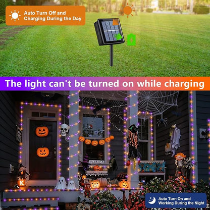 QITONG Orange and Purple Solar Halloween Lights, 66ft 200 LED Solar Rope Lights Outdoor Waterproof, 8 Modes Clear PVC Tube Light Outdoor Waterproof