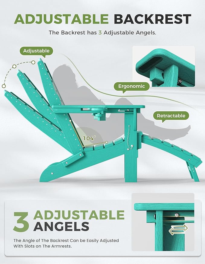 Ciokea Folding Adirondack Chair Set of 2 with Retractable Ottoman Fire Pit Patio Chair with Pull Out Foot Rest Weather Resistant Lawn Outdoor Chair with 2 Cup Holder (Lake Blue)