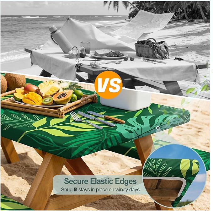 Picnic Table Cover Bench Covers Camping Essentials Tablecloth | Waterproof Vinyl for Outdoor, Windproof Elastic Fitted Edges, RV BBQ Accessories Must Haves, Storage Bag Included