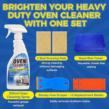 Oven Cleaner Heavy Duty 500ml, Complete Oven Cleaner Non Toxic Fume Free with Non-Scratch Scraper, Cloth, Easy Deep Clean for Racks, Grills, BBQ, Air Fryers, Kitchens, Outdoor and Vehicles