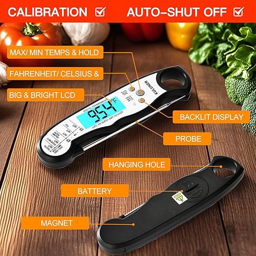 KULUNER Instant Read Food Thermometer, White Waterproof Digital Meat Thermometer with 4.6" Folding Probe, Backlight & Calibration, 2-3s Fast Reading for Kitchen Baking Grilling Cooking - White