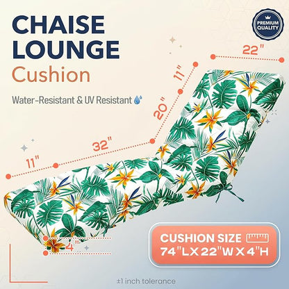 MAGIC ELEPHANT Chaise Lounge Cushion Outdoor, Memory Foam Patio Lounge Chair Cushion with Ties for Outdoor Furniture, 74 x 22 x 4 Inch (Tropical Monstera)
