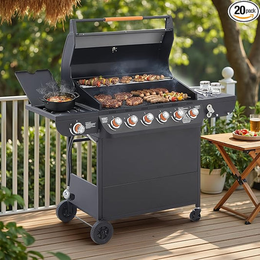 Outdoor Gas Grill with 6 Burners & Side Burner 59000 BTU Stainless Steel BBQ Grill Enamel-Coated Grates Side Tables for Backyard Patio Cooking Charcoal Grills & Smokers,A2