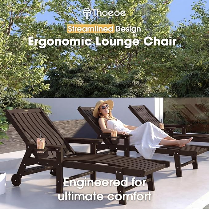 THOEOE Patio Chaise Lounge Chair, Oversized Lounge Chair Outdoor with 5 Positions, 78″ Long, HDPE, Patio Lounge Chair with Wheels & Cup Holder for Pool, Deck, Poolside,Brown